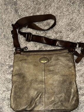 Fossil Brown Metallic Leather Shoulder Bag with Brass Logo